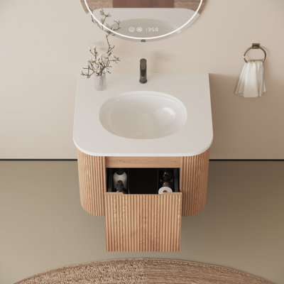 Meuble-lavabo mural au design incurvé, lavabo en marbre de culture, finition bois chaud, convient aux salles de bain modernes