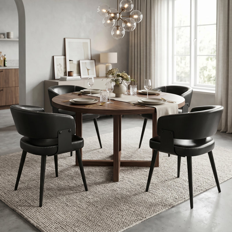 Mid-Century Modern Dining Chairs, Faux Leather Upholstered with Arms, Water-Resistant and Metal Legs, 2, Medieval Black