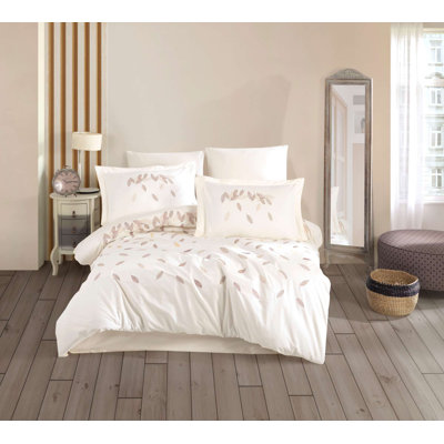 Ensemble de housse de couette double en popeline de luxe brodée, crème | 100% coton, housse de couette: 78,7 x 86,6 pouces, drap plat: 94,5 x 102,4 pouces, taies d'oreiller: 19,7 x 27,6 pouces (2 pièces) | Lavable à la machine, conception élégante avec fermeture à boutons