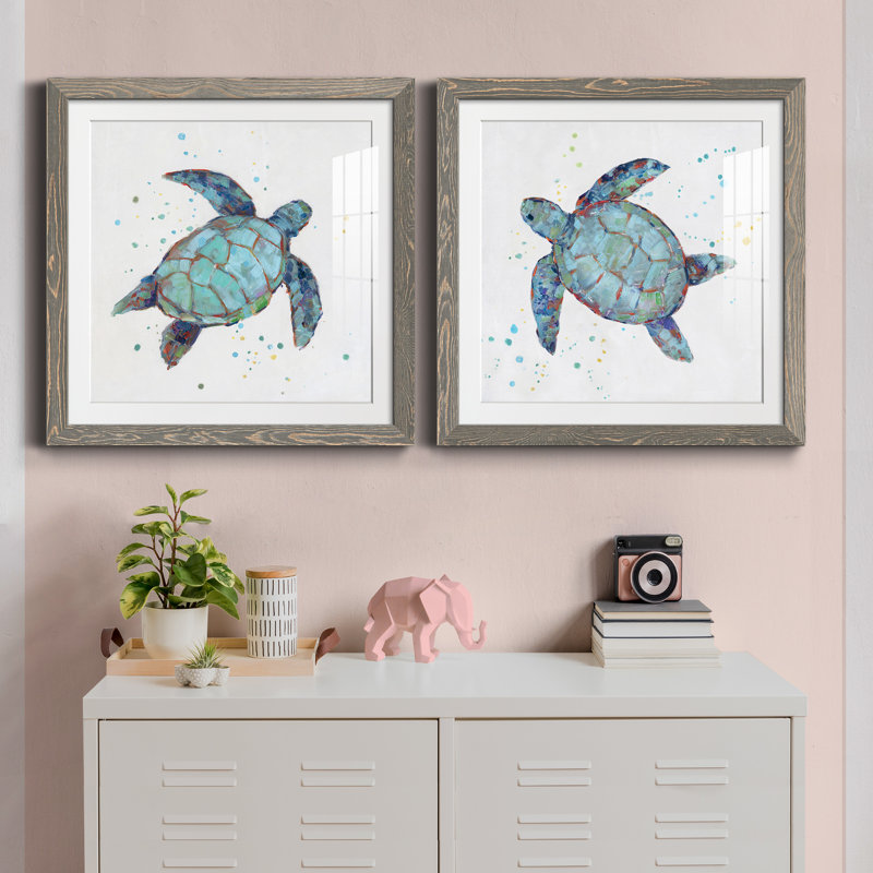 Bulle bleue tortue I - ensemble de 2 reproductions d'art, Cadre en papier gris, H 35,5 po x l 71 po x P 1,5 po