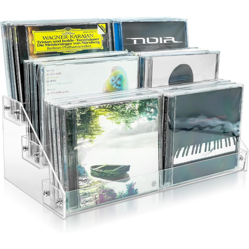 Présentoir à CD à 3 niveaux en acrylique transparent, support de rangement en cascade pour CD, présentoir à DVD/CD et support de rangement pour disques vinyles. Peut contenir jusqu'à 24 boîtiers CD standard (transparents).