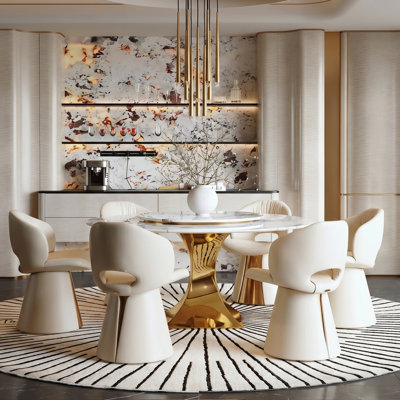 Table de salle à manger moderne de 59 po avec plateau tournant, plateau en faux marbre, base en acier inoxydable doré, structure à un pilier sculpturale, table de salle à manger compacte