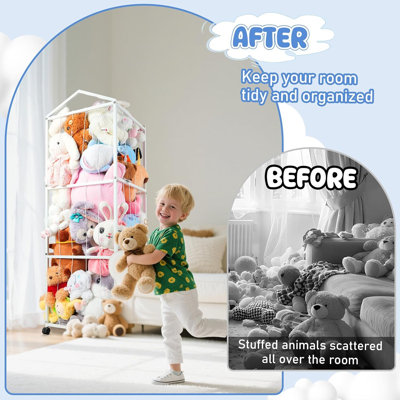 Stuffed Animal Storage Zoo - Grand organisateur en peluche en métal pouvant accueillir plus de 50 jouets, support à ours en peluche robuste avec roues pour la chambre à coucher, la salle de jeux et la chambre de bébé (blanc)