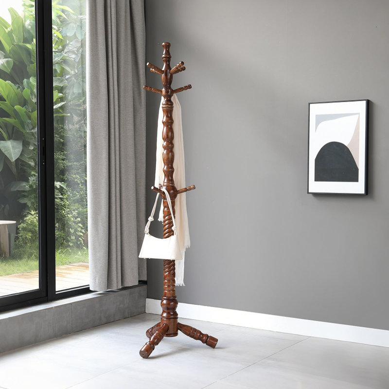 11-Hooks Solid Wood Coat Rack, Brown