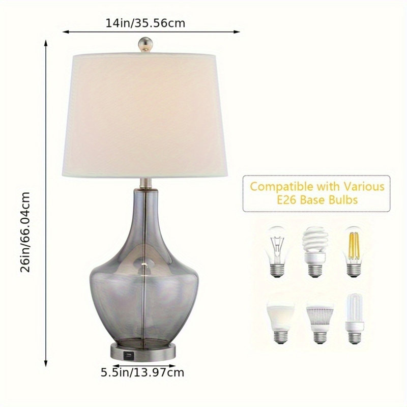 Lampe de table simple en verre de 26 pouces de hauteur, lampe de table de chevet à intensité variable à 3 voies avec port de charge USB, pour chambre à coucher, salon, bureau, bureau