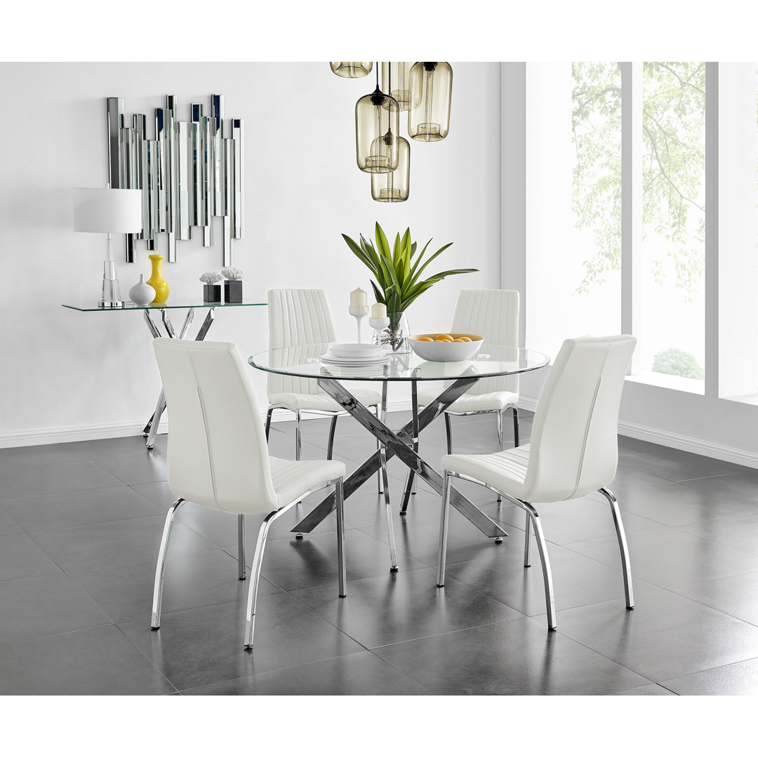 Tierra Sleek Metal and Glass Round Dining Table Set with 4 Faux Leather Upholstered Dining Chairs East Urban Home Chair 