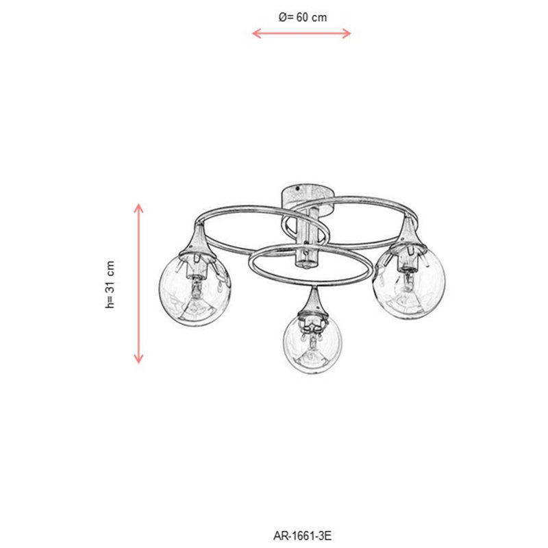 Modern Copper Chandelier with Glass Cap, 23.6 x 23.6 inches | Metal Body, 3 x E27 Sockets (Max 6W), IP20 Rated | Elegant Antiquation Design for Living Room & Dining Room, Stylish Lighting Fixture