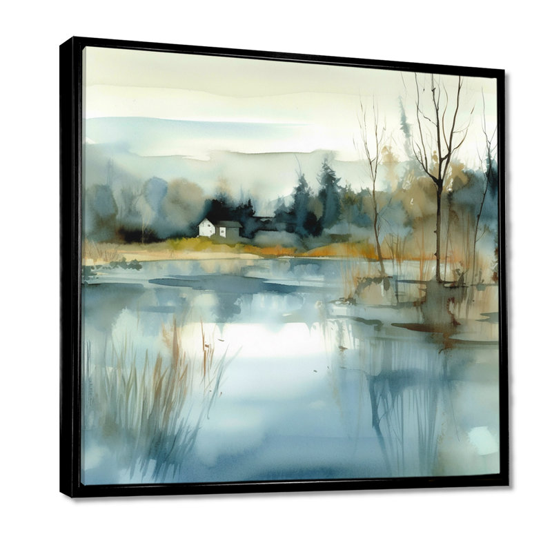 Summer Lake Landscape Illustration V - Lake, art mural, 44" H x 44" W, Cadre flottant noir