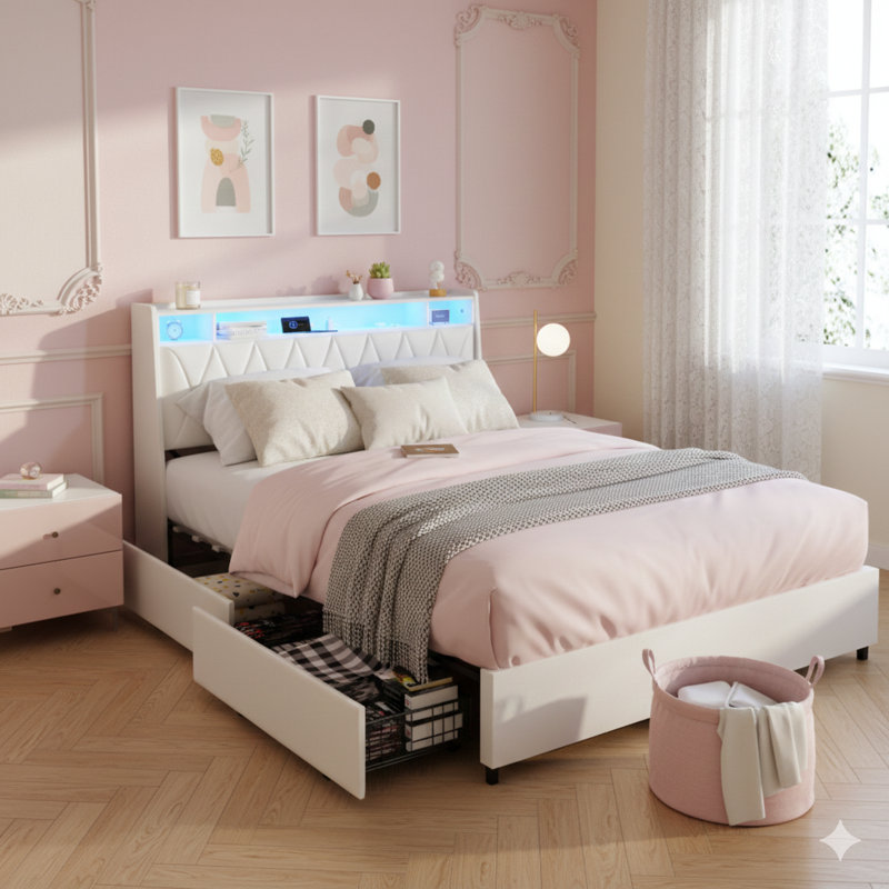 Structure de lit grand avec une tête de lit ergonomique, plateforme avec prises, un chargeur et un éclairage à DEL, cadre en métal avec une tablette de rangement, silencieux, aucun sommier tapissier nécessaire.