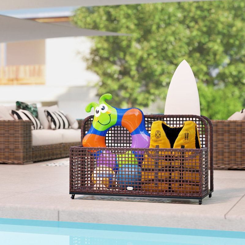 Pool Float Storage, Pool Caddy, With Wheels, 43.25" L X 22.5" W X 28" H, Brown, Brown