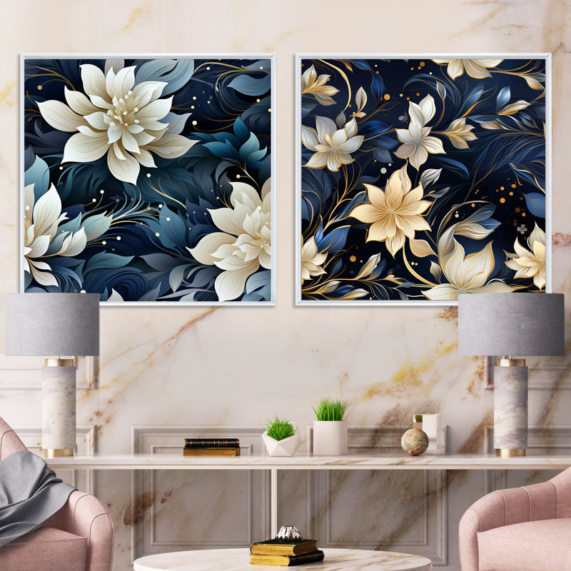 Croy - ensemble de 2 collages carrés floraux, Cadre flottant blanc, H 36 po x l 73 po