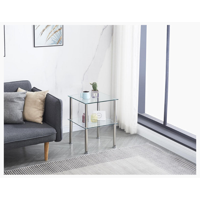 Table d'appoint transparente, table de bout à 2 niveaux, table de chevet moderne, canapé avec tablette de rangement pour le salon