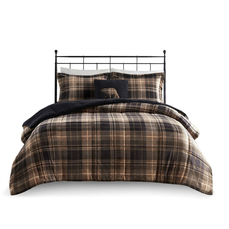 Cozy Queen Plaid Comforter Set With Sherpa Reverse
