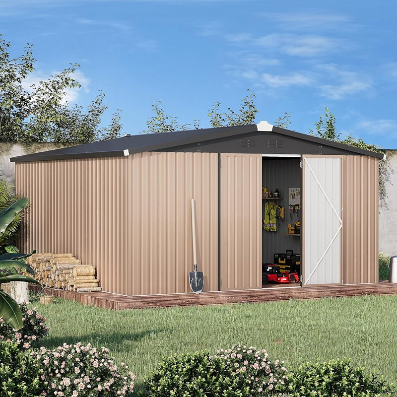 Remise de rangement en métal 12 pi x 12 pi avec conception de portes verrouillables, Gris