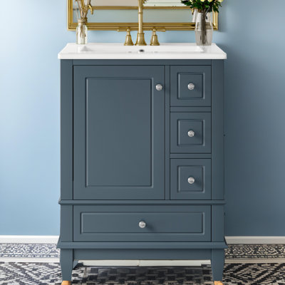 Ensemble de meuble-lavabo autoportant 24 po avec lavabo en céramique - 3 tiroirs + armoire - 4 trous de robinet - capacité de 200 lb?