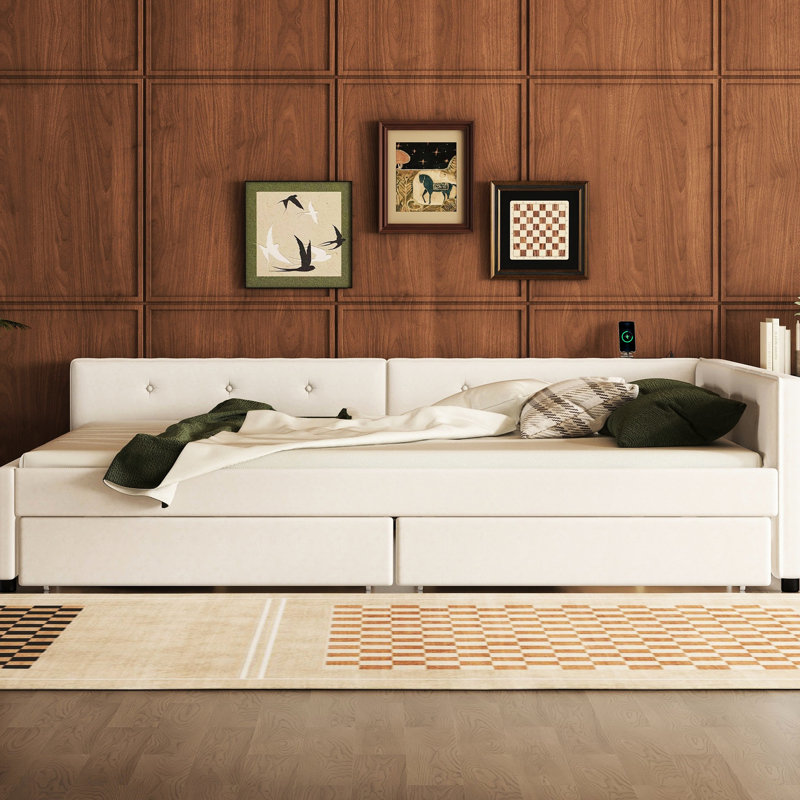Grand lit tapissier beige moderne avec 2 tiroirs élancés, plateforme élégante et tiroirs de rangement, Grand lit