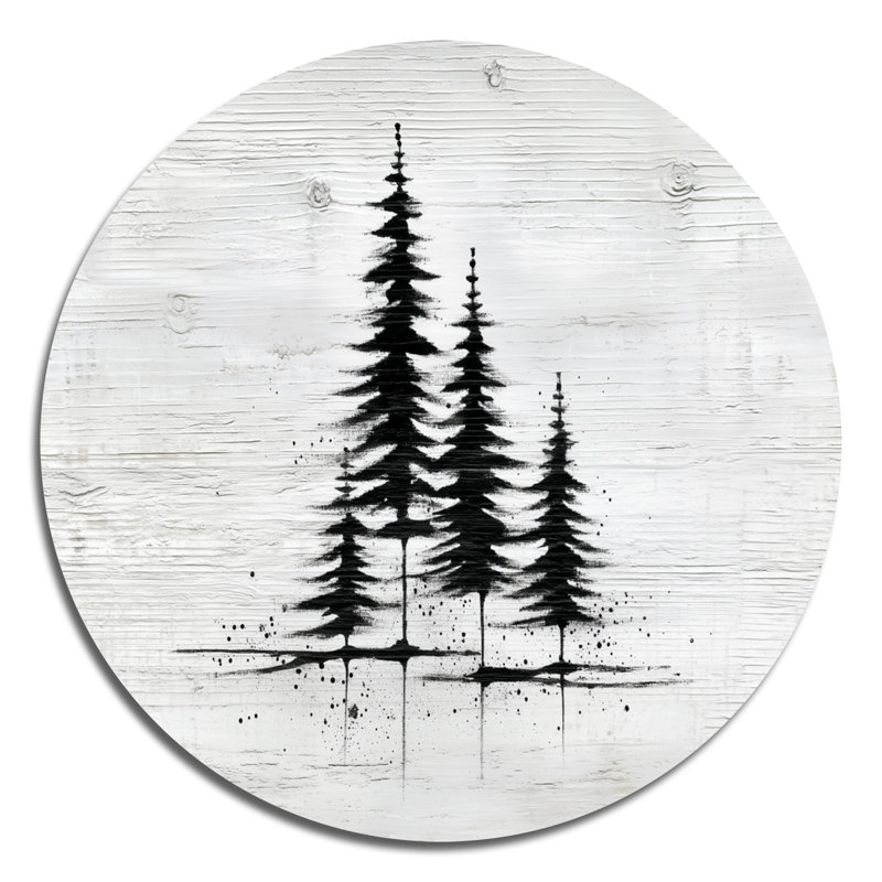 Noir, gris, hiver, pin blanc, forêt, art floral rond en métal, L 36 po x H 36 po