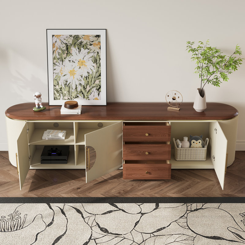78.74" Mid-Century TV Stands, Brown Solid Wood Veneer, Media Console With 5 Cabinets,3 Drawers, Beige,Fully Assembled
