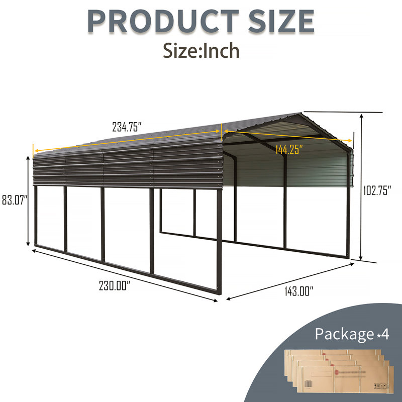 Metal Carport,Heavy Duty Canopy Galvanized Steel Outdoor Garage For Snow,Waterproof Car Shelter, Black