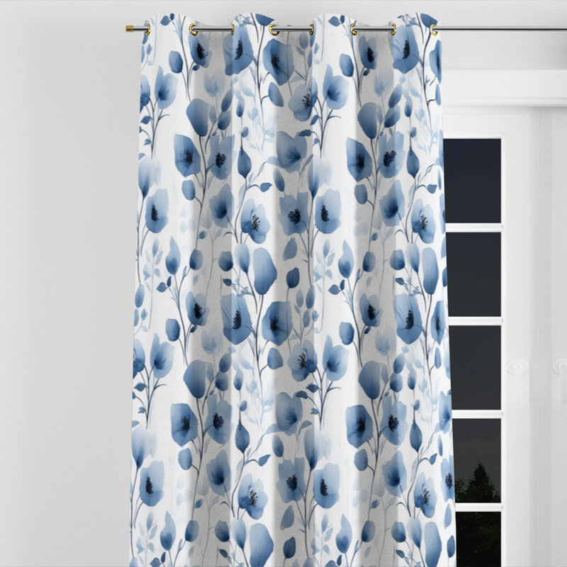 Floral Curtains - Blue Bluebell Shade Flowers Grommet Curtain - 1 Panel, Gold Grommets, 52" W x 90" L