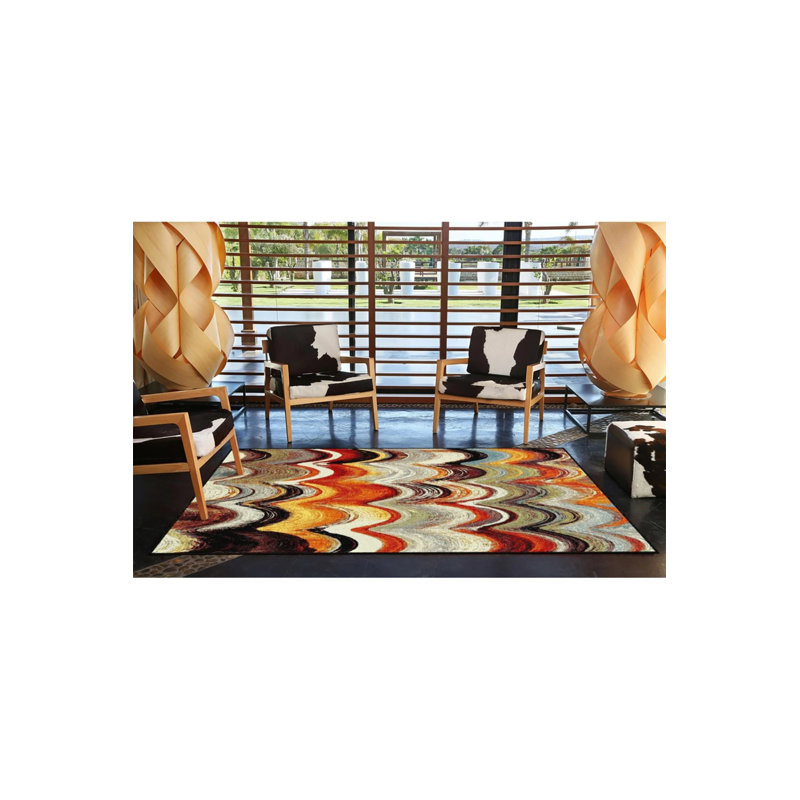 Mixed Multicolored Wavy Patterned Washable Decorative Carpet, Round 5'