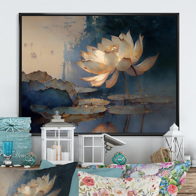 Blanc rétro lotus à l'aube - art mural encadré de lotus, H 12 po x l 20 po x P 1 po, Cadre flottant noir