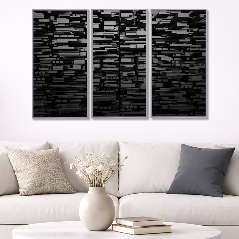 Fond géométrique noir / gris - ensemble de 3 toiles abstraites encadrées, H 28 po x l 36 po, Argent argent