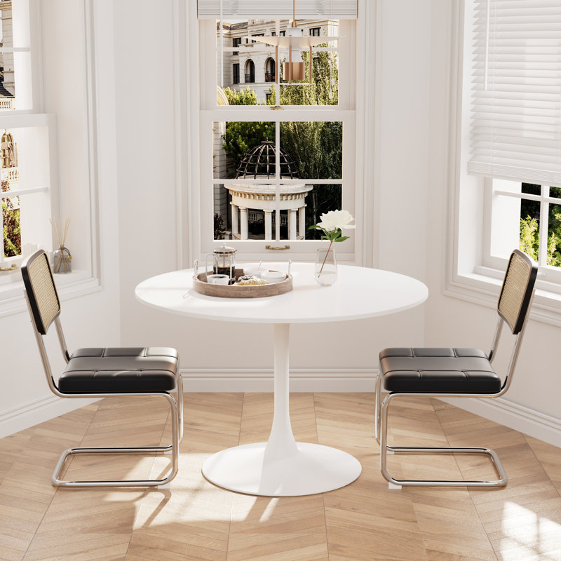 42" Round Modern Pedestal Dining Table Set, Black, 3, White
