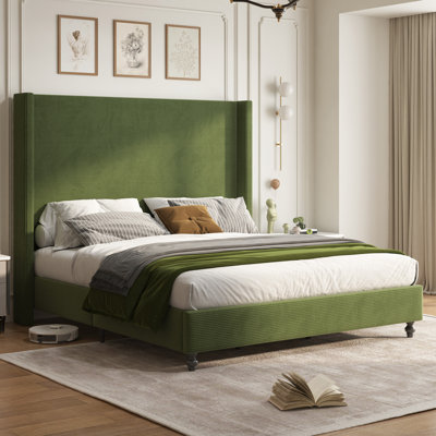 Wauseon King Size Modern Corduroy Upholstered Bed with 65'' Tall Headboard & Solid Wood Legs, Green