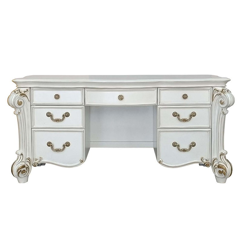 Bureau de coiffeuse Vendome, similicuir beige et finition perle antique, Perle antique