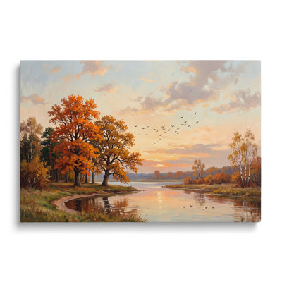 Tableau multicolore sur toile représentant un paysage d'automne au coucher du soleil sur un lac, œuvre d'art mural pictural pour le salon, la salle à manger et la chambre.