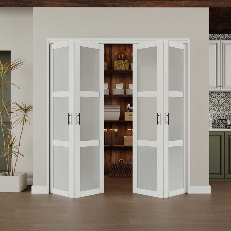 72 in. x 80 in. White MDF Bi-Fold Door with Frosted Glass Panels