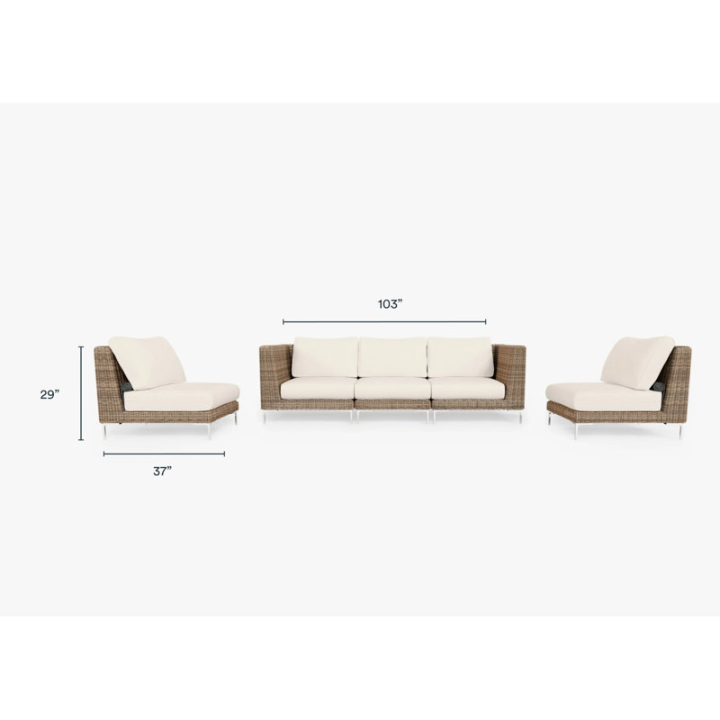 Brown Wicker Outdoor Sofa With Armless Chairs - 5 Seat, Palisades Cream