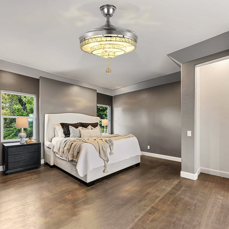 42" Retractable Crystal Ceiling Fan with LED Lights and 6-Speed Reversible DC Motor