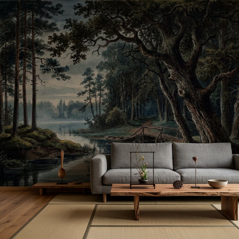 Papier peint forêt foncé foncé, paysage de lac Misty, décoration murale amovible, 140 po x 108 po, Non tissé