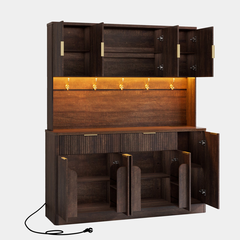 vaisselier de cuisine moderne de style ferme, de 183 cm de hauteur, avec moulures cannelées et prise électrique., Walnut