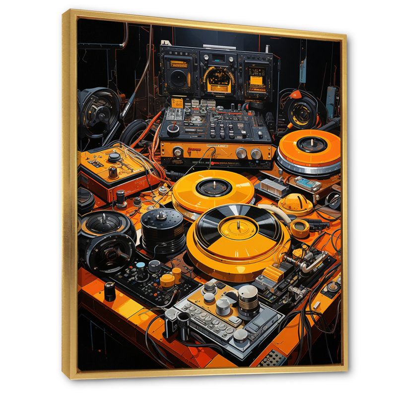 «Yellow Turntables Boom Boxes III», reproduction sur toile encadrée, H 20 po x l 12 po, Cadre flottant doré