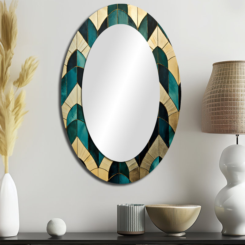 Emerald and Golden Arches II - Miroir décoratif ovale abstrait sur métal, 36 po x 24 po