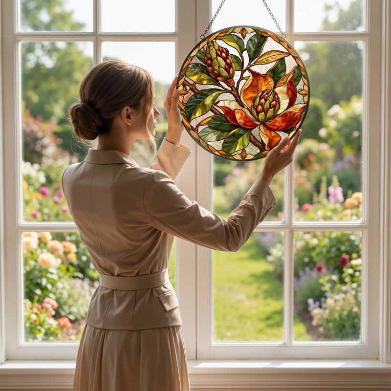 Art sur toile orange et vert avec fleurs de magnolia en verre coloré, H 12 po