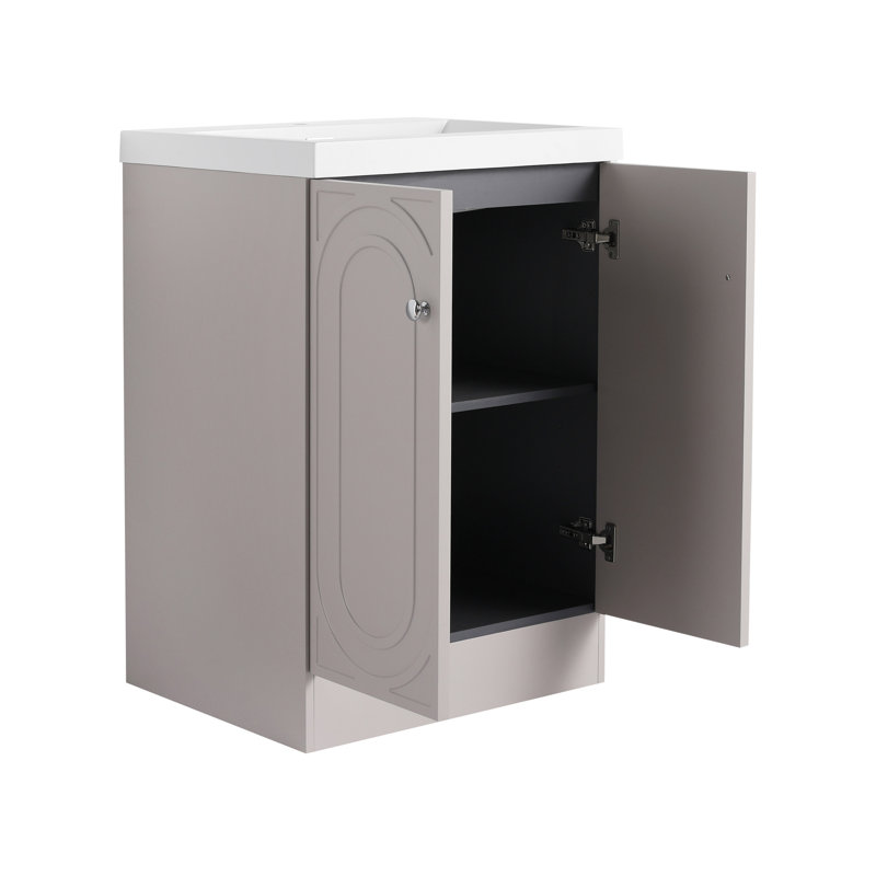 Meuble-lavabo autoportant avec lavabo en résine blanche et 2 portes d'armoire à fermeture en douceur (-emballage), 24"