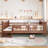 Queen Size Kids Floor Bed with Storage Bookcases, Solid Wood Platform Bed with Stairs & Guardrails, Natural-1321917565