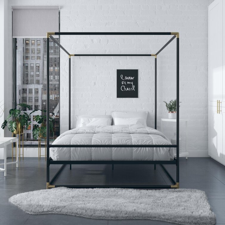 CosmoLiving Celeste Canopy Metal Bed, Queen Size Frame, Black/Gold