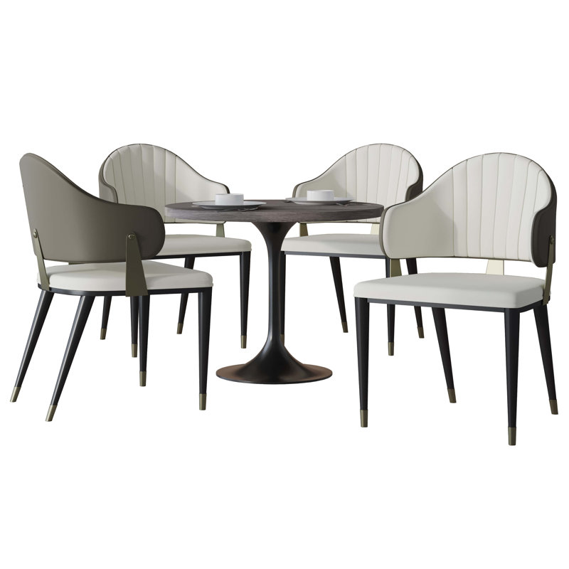 LeisureMod 5-Piece Dining Set, Modern 36-Inch Round Kitchen Table and 4 Upholstered Dining Chairs, PU Leather Mid Century Dinette Set with Metal Pedestal Base for Small Spaces, Apartment, and Café
