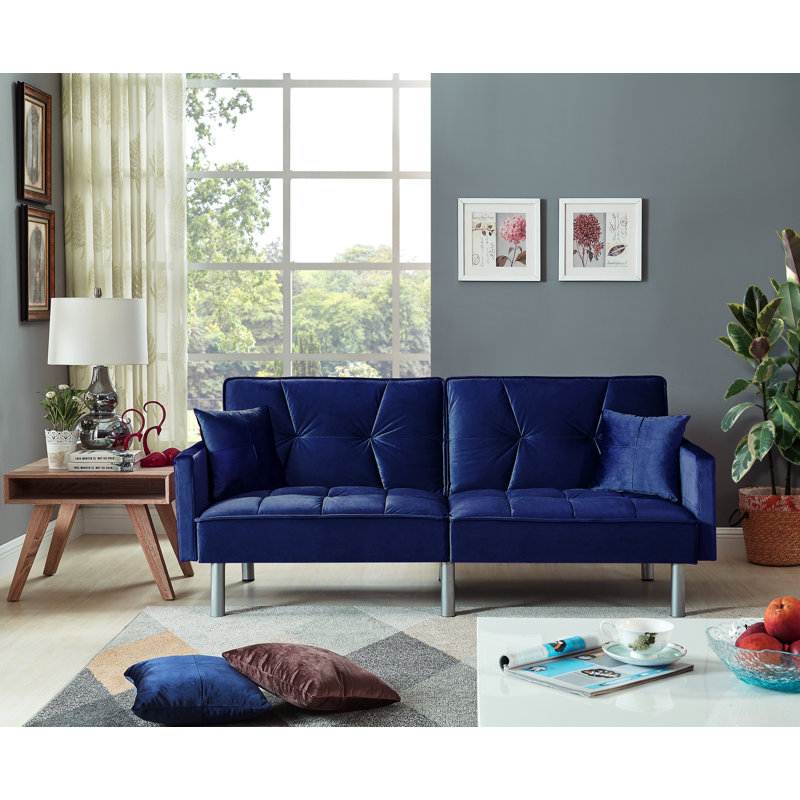 Hemphill 75.5'' Velvet Square Arm Sofa Bed, Blue Velvet