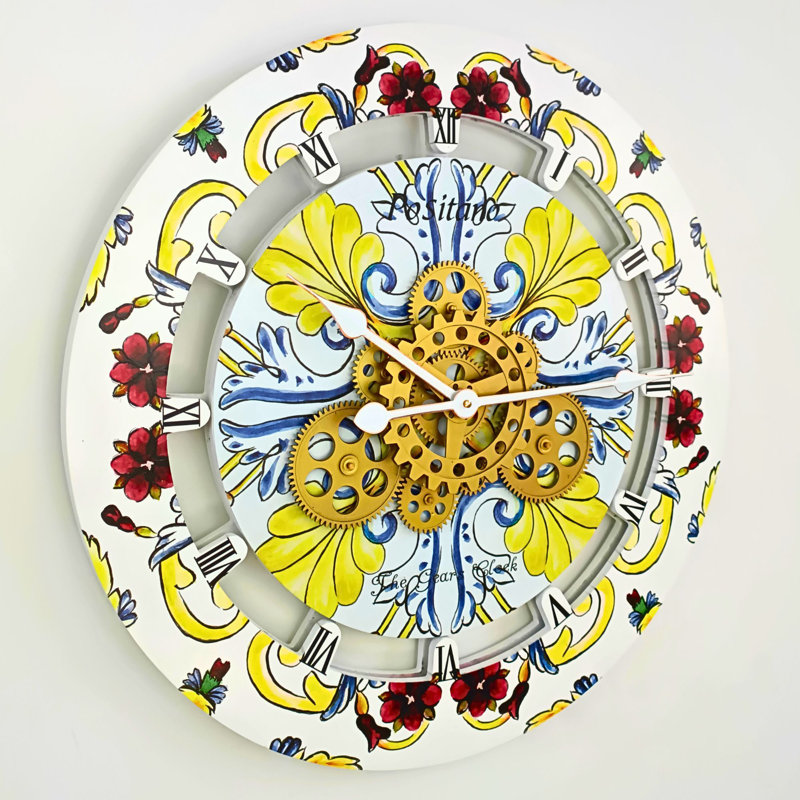 Positano 24'' Multicolor Wood and Metal Wall Clock with Moving Gears