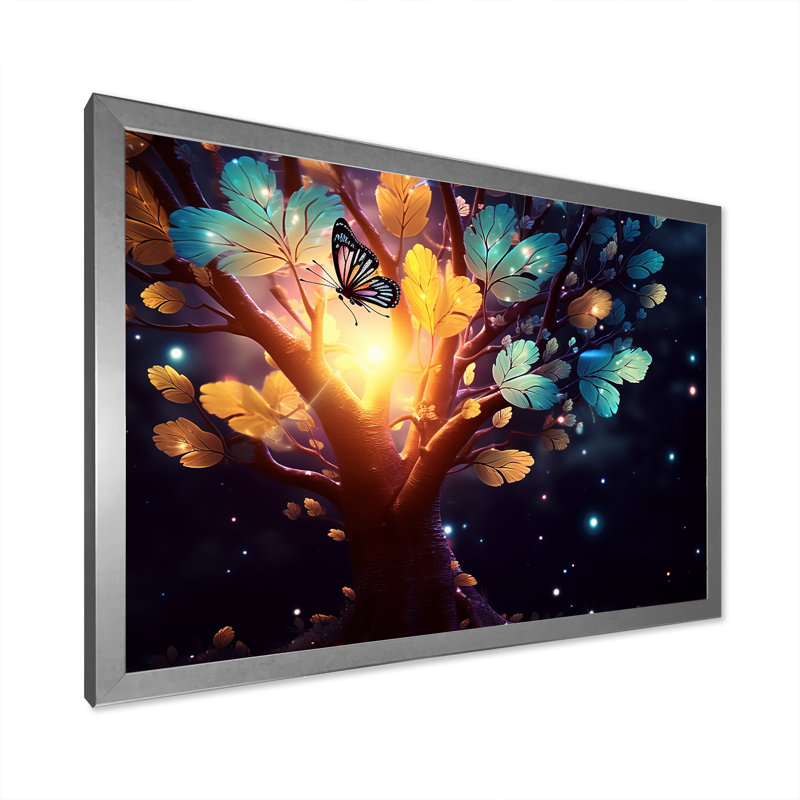 Papillon éthéré brun sur un arbre magique, Cadre simple argenté, H 30 po x l 40 po x P 1,5 po