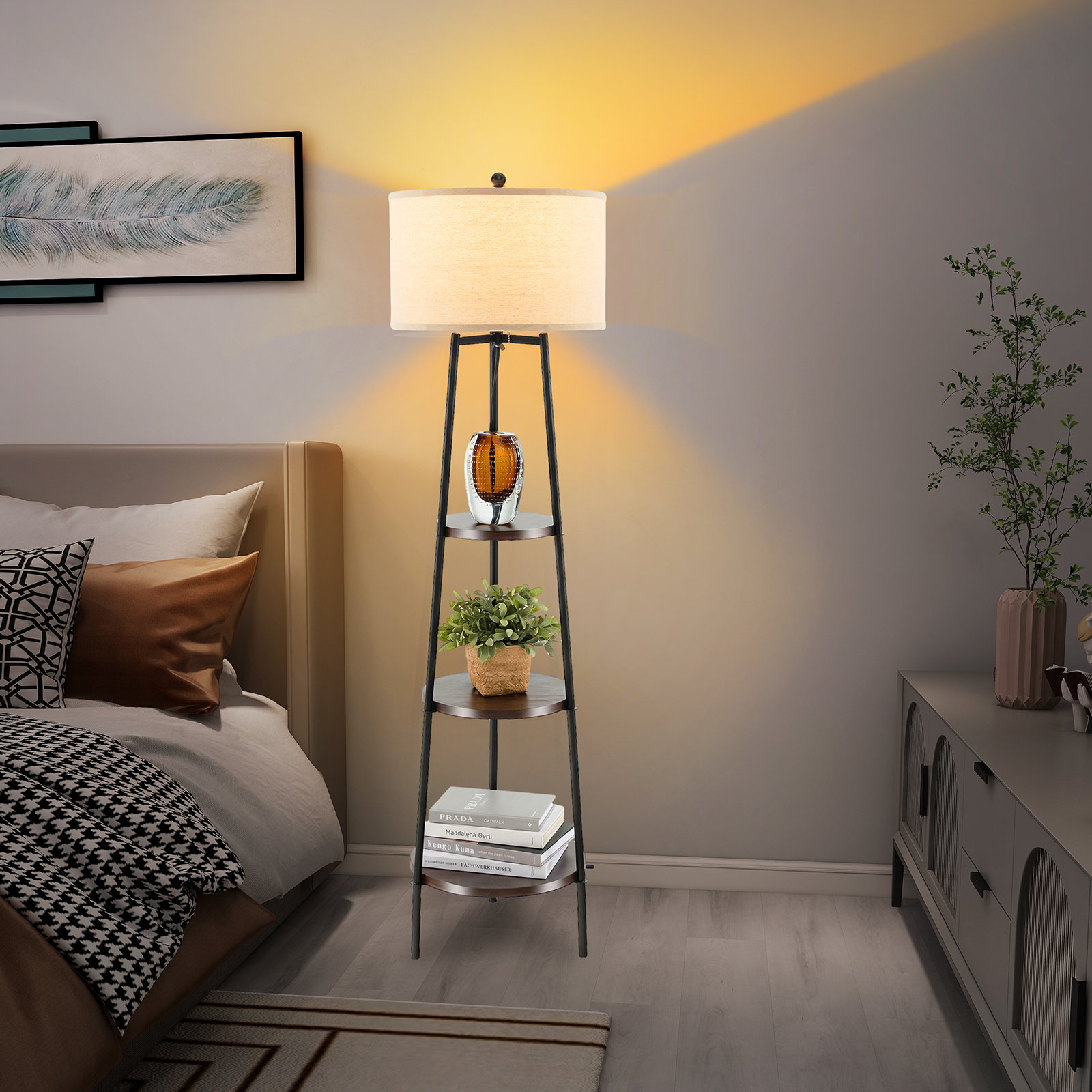 Latitude Run® Roghan Shelf Floor Lamp Corner Floor Lamp W/ 3-tier Shelves \u0026  Linen Lampshade Modern Standing Tall Bookshelf Lamp | Wayfair, image size:1600x1600