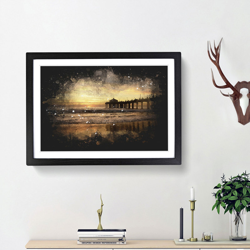 Sunset Behind The Pier - Single Picture Frame Print on MDF, 45cm H x 63cm W x 2cm D, Black Framed