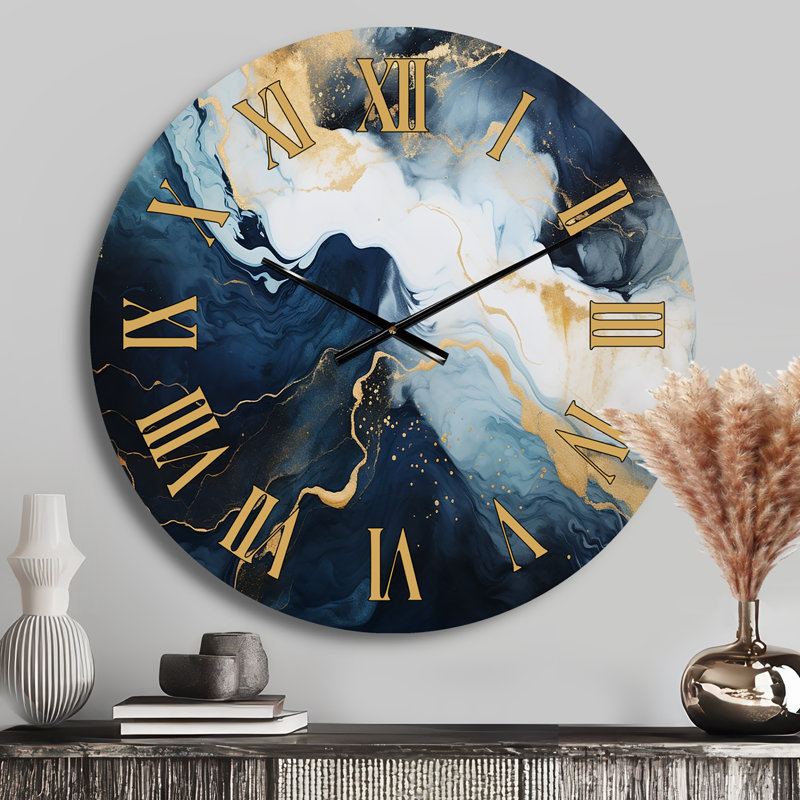 Gold And Blue Abstract Marble Paint IV - Marble Golden Face Wall Clock, Medium
