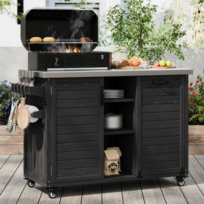 K&K 78.3" Outdoor Kitchen Island With Foldable Grill Table, Wooden Outdoor Grill Cart With Trash Can Storage & Stainless Steel Top, Outdoor Bar Cart, Pizza Oven Table For Lawn & Garden, Black